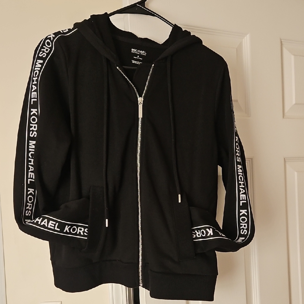 Michael Kors Black Hoodie with White Logo Tape and Silver Zipper